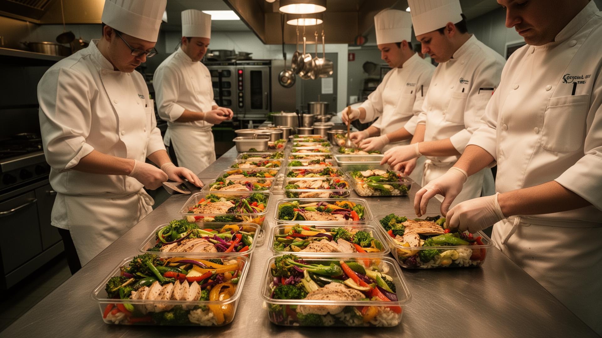 Chefs preparing fresh meal prep containers in our kitchen